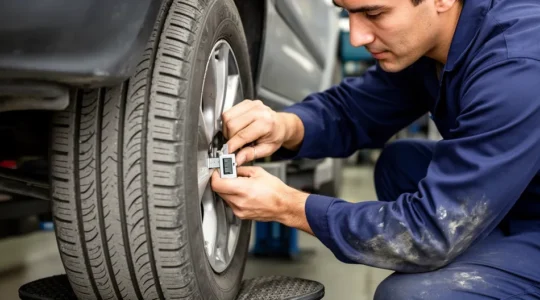 Mécanicien professionnel vérifiant l'usure d'un pneu lors d'une inspection technique