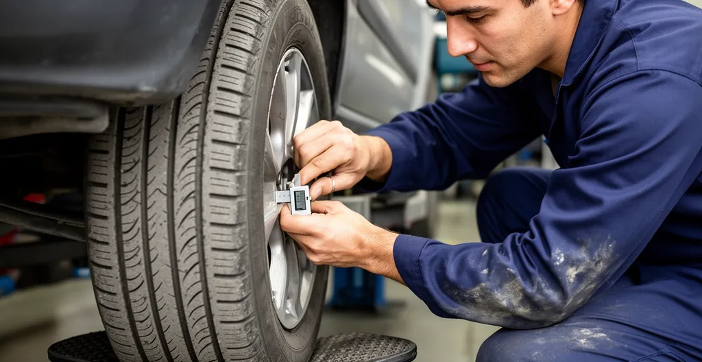 Mécanicien professionnel vérifiant l'usure d'un pneu lors d'une inspection technique