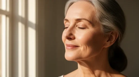 Visage féminin mature avec peau lumineuse et traits détendus illustrant la médecine esthétique douce