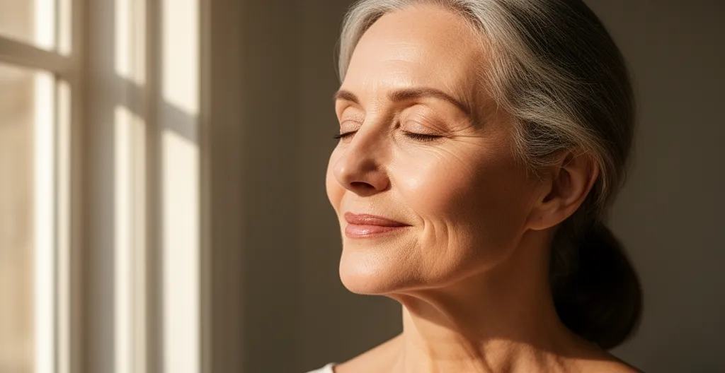 Visage féminin mature avec peau lumineuse et traits détendus illustrant la médecine esthétique douce