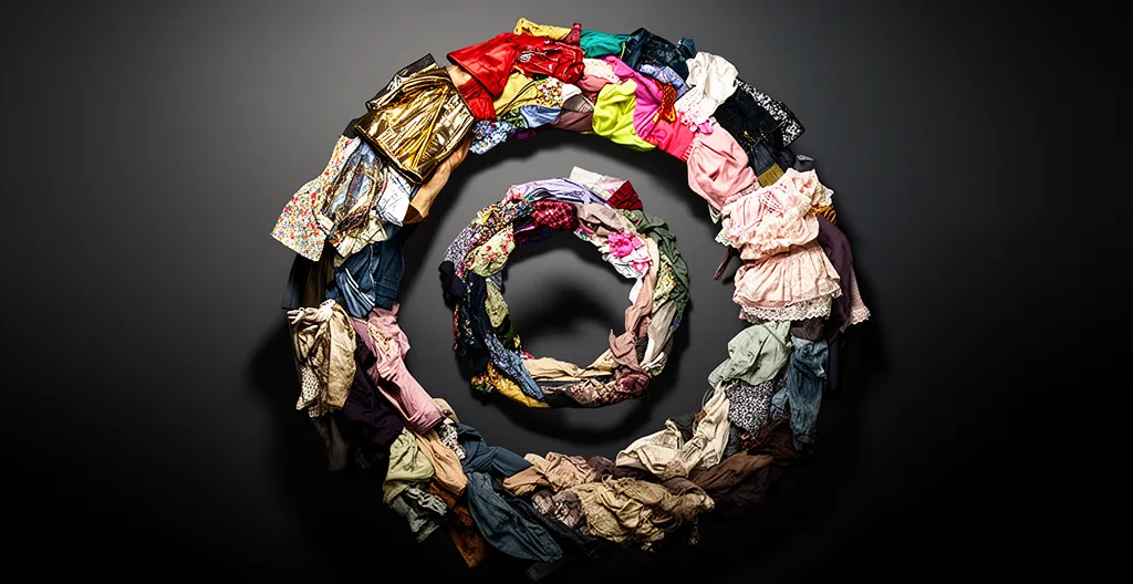 Spirale de vêtements colorés illustrant l'accélération des micro-tendances sur TikTok