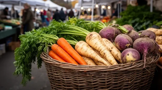 Panier de légumes de saison variés sur un marché local avec lumière dorée naturelle