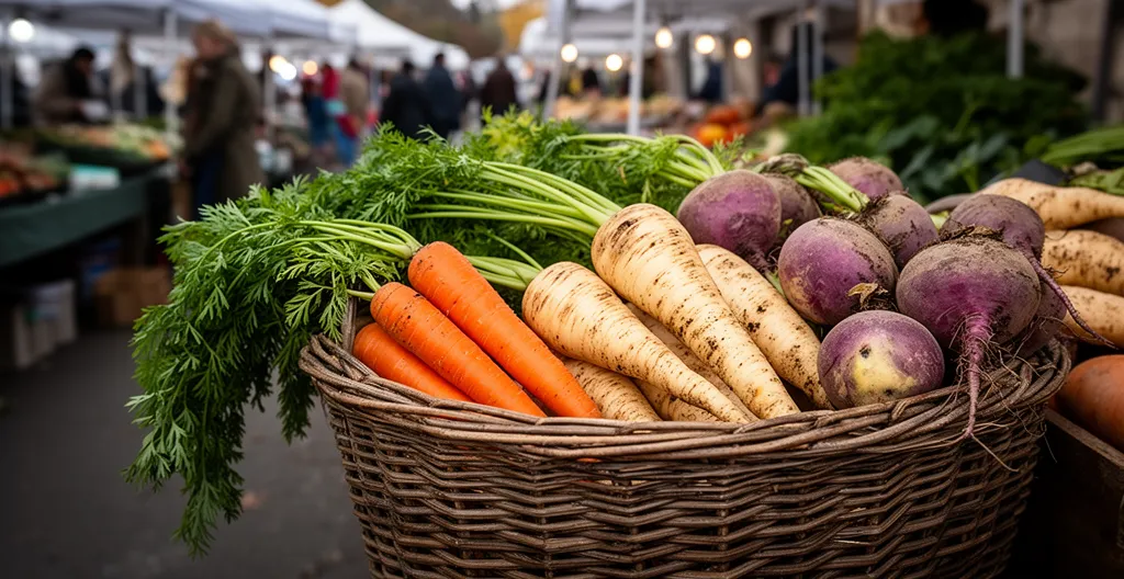 Panier de légumes de saison variés sur un marché local avec lumière dorée naturelle
