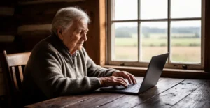 Personne âgée en zone rurale effectuant une téléconsultation depuis son domicile