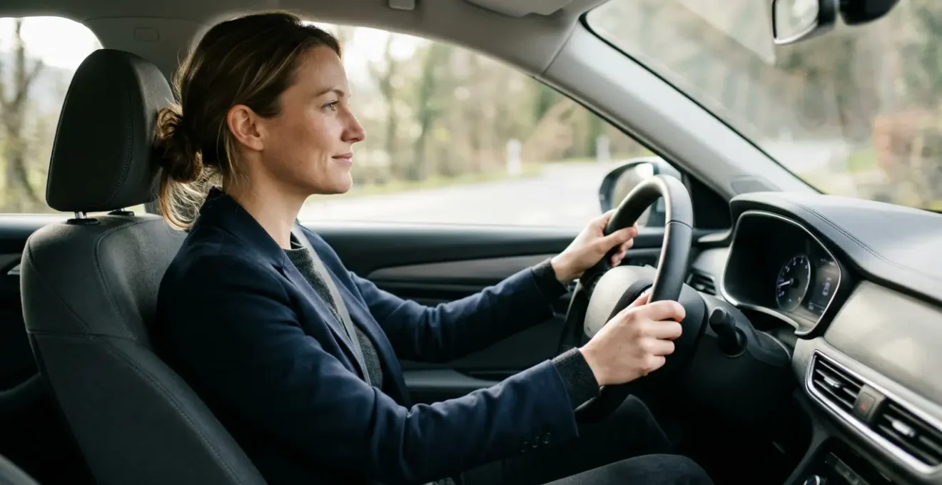 Vue de profil d'une personne au volant dans une position ergonomique optimale montrant l'alignement de la colonne vertébrale