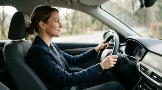 Vue de profil d'une personne au volant dans une position ergonomique optimale montrant l'alignement de la colonne vertébrale