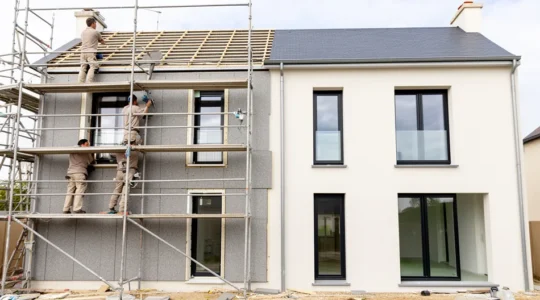 Maison en cours de rénovation énergétique avec isolation des murs et installation d'équipements performants