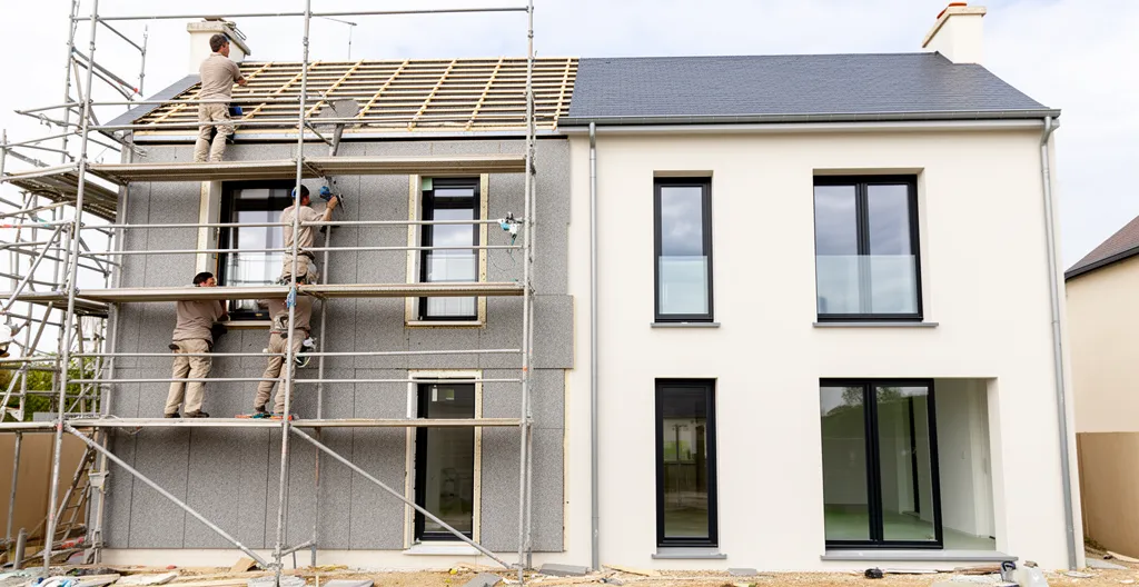 Maison en cours de rénovation énergétique avec isolation des murs et installation d'équipements performants
