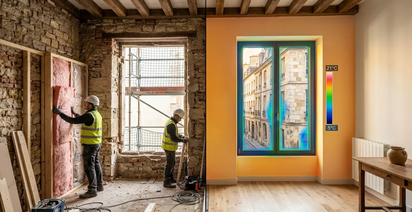 Transformation d'une maison ancienne avec isolation et travaux de rénovation énergétique en cours