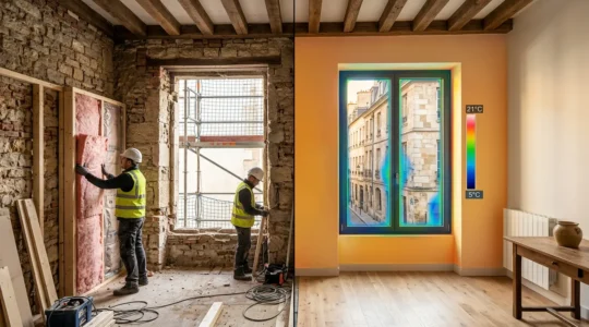 Transformation d'une maison ancienne avec isolation et travaux de rénovation énergétique en cours