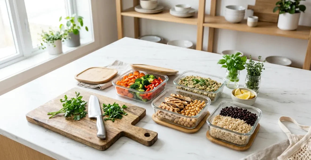 Organisation de meal prep colorée avec contenants de repas équilibrés préparés à l'avance sur un plan de travail moderne