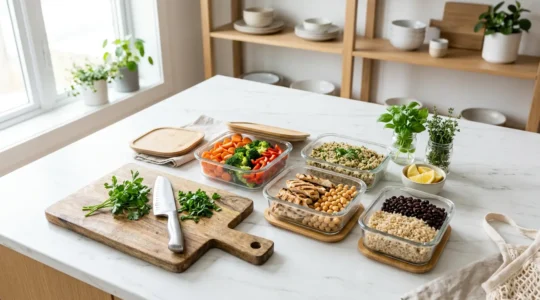 Organisation de meal prep colorée avec contenants de repas équilibrés préparés à l'avance sur un plan de travail moderne