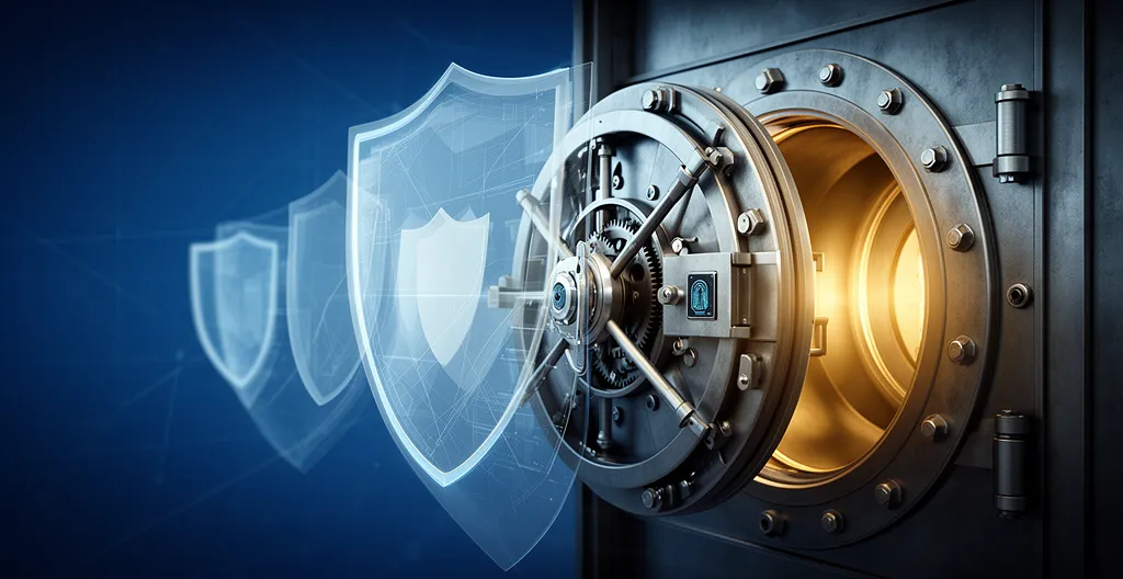 Illustration abstraite de la sécurité des transactions numériques avec des éléments visuels symboliques de protection