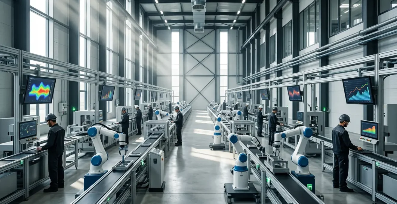 Intérieur moderne d'une usine française équipée de technologies industrie 4.0 avec robots collaboratifs et capteurs IoT