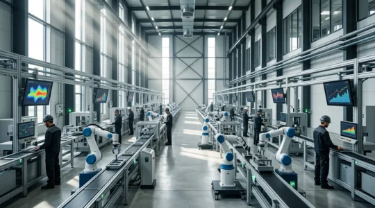 Intérieur moderne d'une usine française équipée de technologies industrie 4.0 avec robots collaboratifs et capteurs IoT