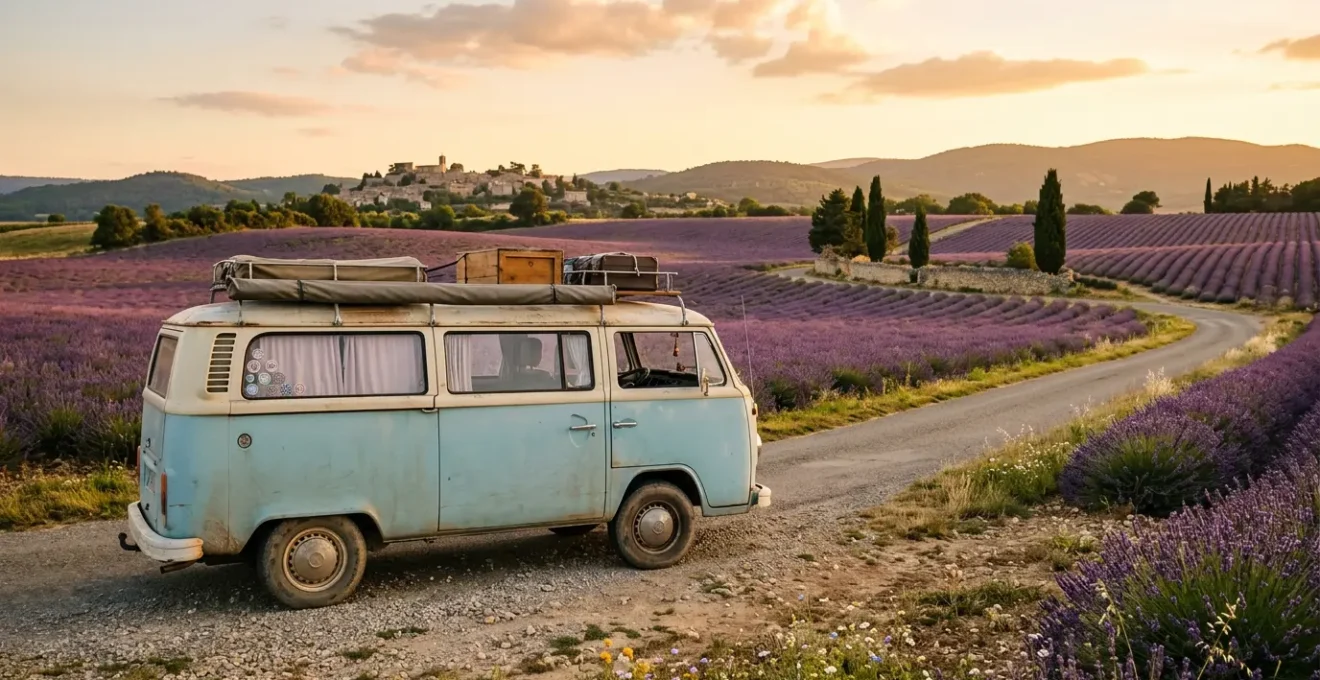 Van aménagé sur une route de campagne française au coucher du soleil