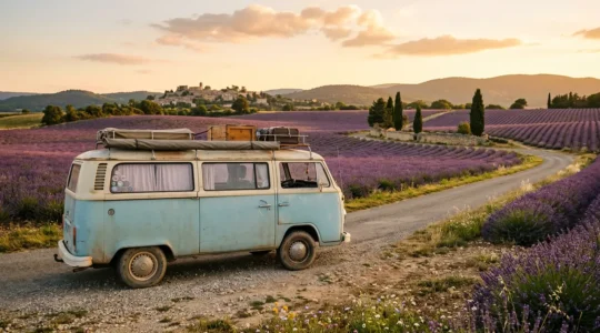 Van aménagé sur une route de campagne française au coucher du soleil