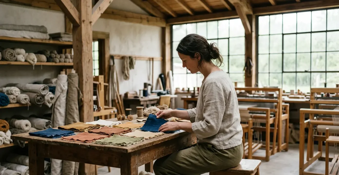 Inspection minutieuse de tissus éco-responsables dans un atelier de mode durable