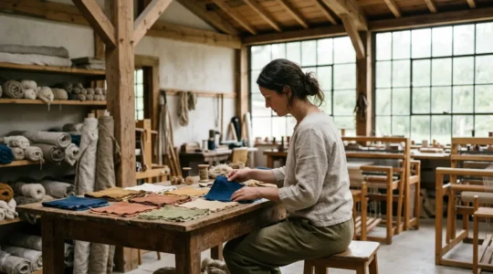 Inspection minutieuse de tissus éco-responsables dans un atelier de mode durable