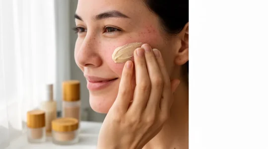 Femme aux traits apaisés appliquant délicatement une crème teintée bio sur sa joue avec un geste doux