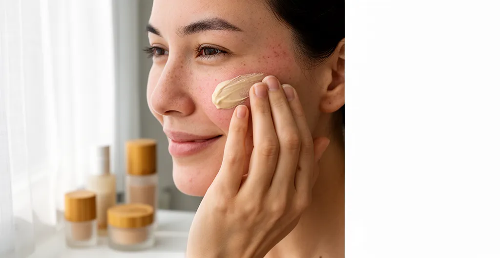 Femme aux traits apaisés appliquant délicatement une crème teintée bio sur sa joue avec un geste doux