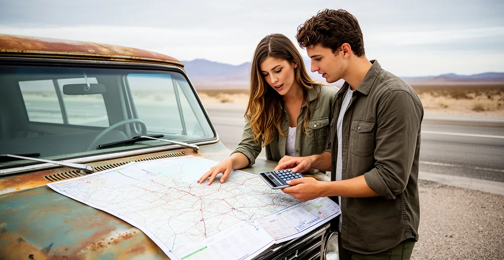 Couple de voyageurs regardant une carte routière devant leur van de location sur une route désertique américaine avec des canyons rouges en arrière-plan