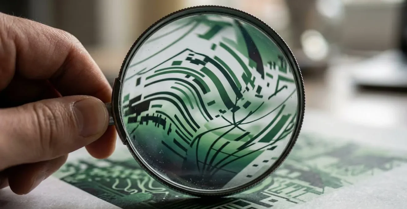 Main tenant une loupe analysant des documents financiers verts avec des graphiques de performance