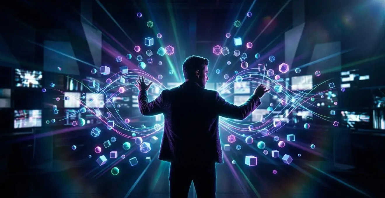 Créatif pilotant des outils d'intelligence artificielle comme un chef d'orchestre