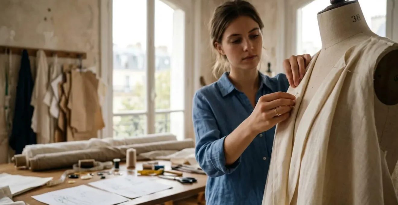 Atelier de création parisien avec jeune designer travaillant sur mannequin, lumière naturelle douce