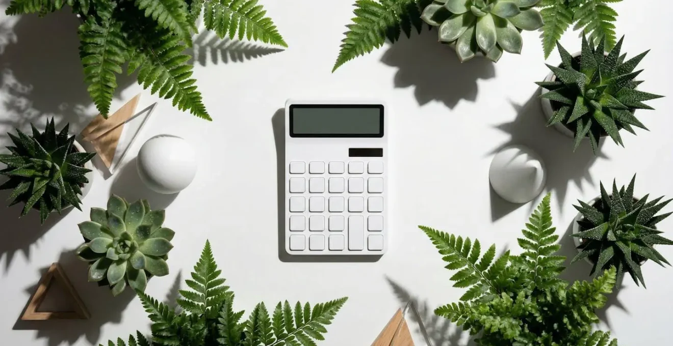 Calculatrice moderne entourée de plantes vertes symbolisant les économies fiscales écologiques