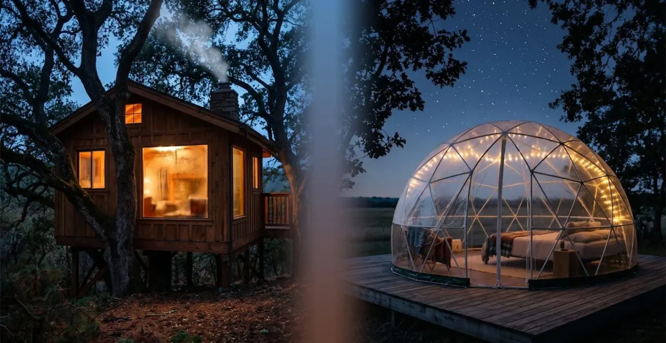 Vue split-screen montrant une cabane en bois nichée dans les arbres d'un côté et une bulle transparente sous les étoiles de l'autre