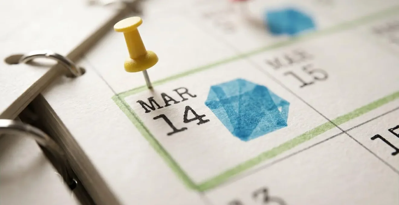 Vue macro d'un calendrier avec marqueurs colorés pour les étapes clés