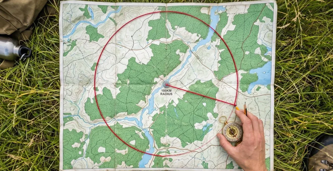 Vue aérienne d'une carte avec un cercle tracé autour d'un point central