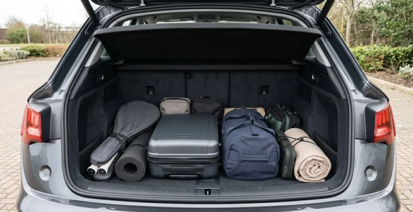 Vue large d'un coffre de voiture organisé avec bagages disposés selon les règles de sécurité