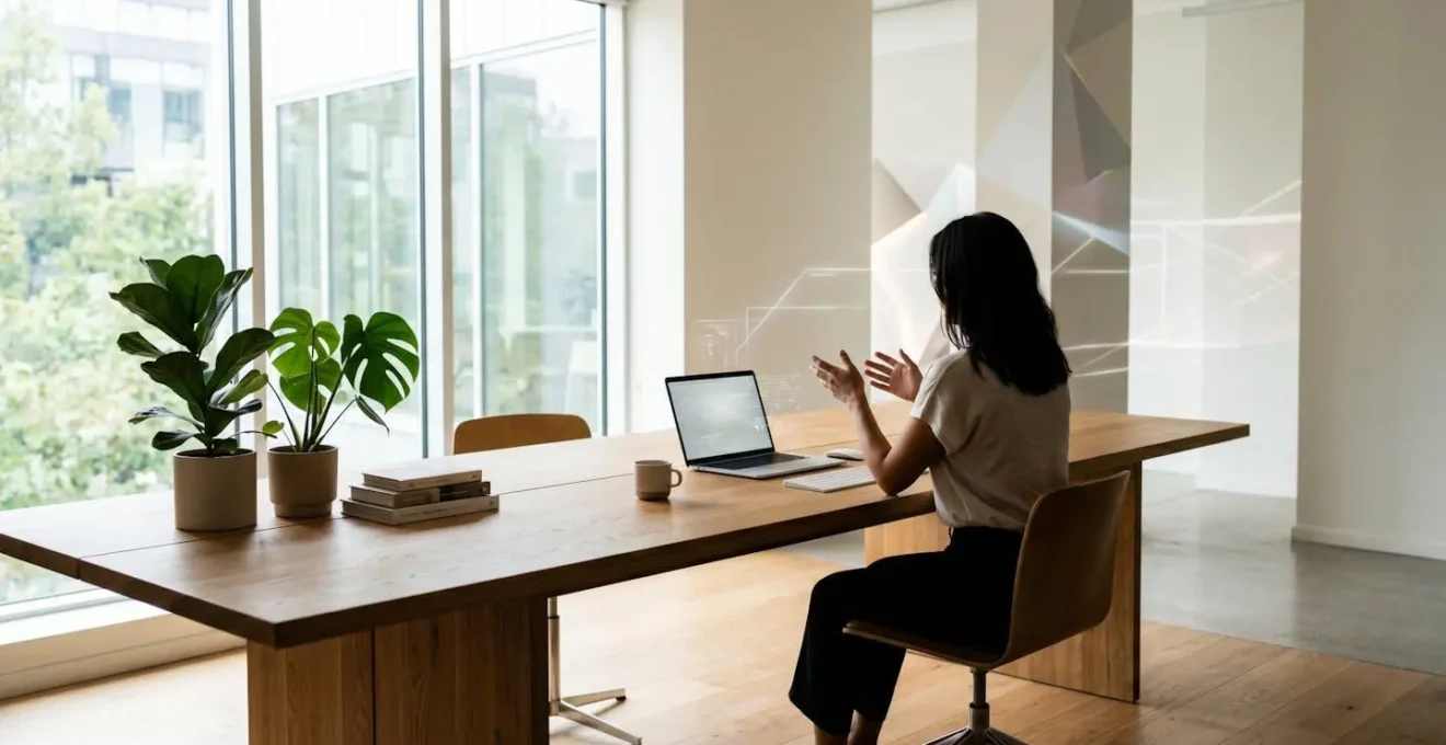Espace de travail moderne montrant la collaboration harmonieuse entre humain et technologie