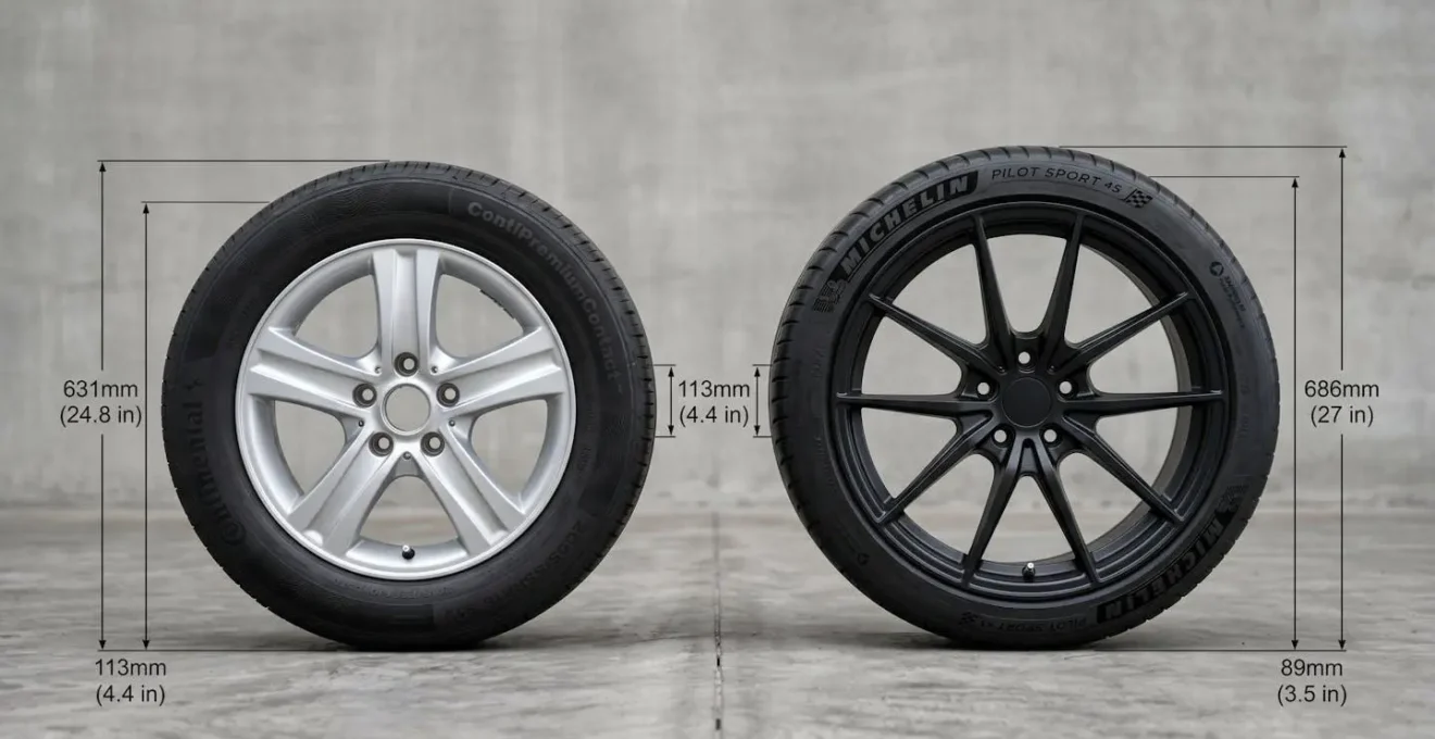 Comparaison visuelle de deux roues complètes montrant la différence entre 16 et 19 pouces