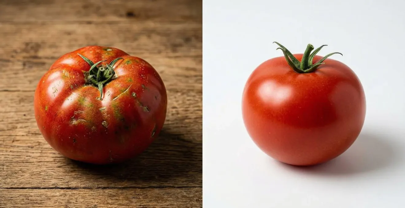 Comparaison visuelle entre tomate locale de saison et tomate importée traitée