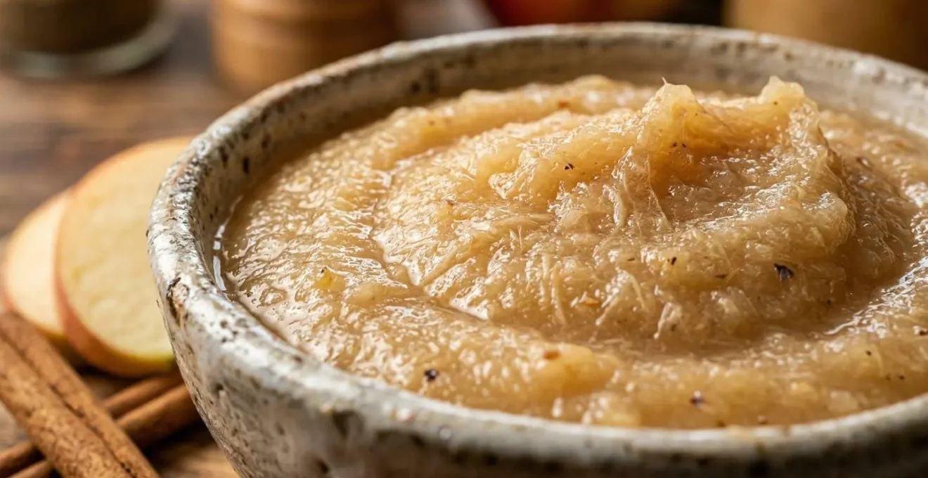 Gros plan sur la texture crémeuse de la compote de pomme avec des tranches de pommes fraîches