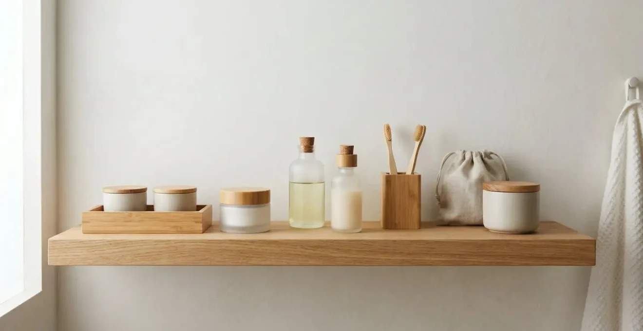 Étagère de salle de bain minimaliste avec produits bio rangés à l'abri de la lumière directe