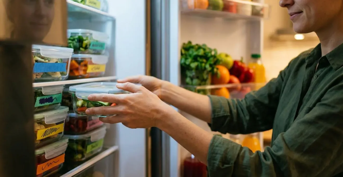 Intérieur de réfrigérateur organisé avec contenants étiquetés et système de conservation sous vide