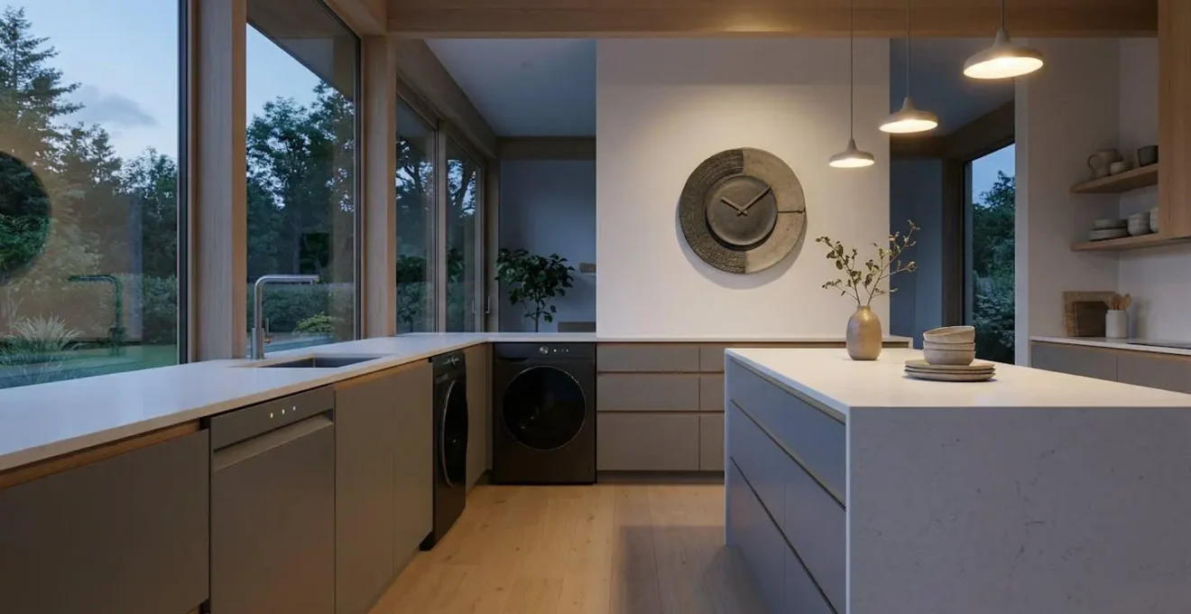 Cuisine moderne avec lave-vaisselle et lave-linge montrant des voyants lumineux suggérant une programmation différée