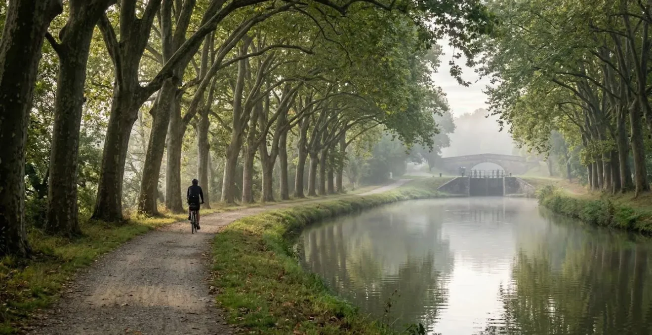 Cycliste sur un chemin de halage paisible le long d'un canal français