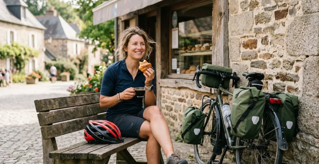 Cycliste faisant une pause devant une boulangerie dans un village français
