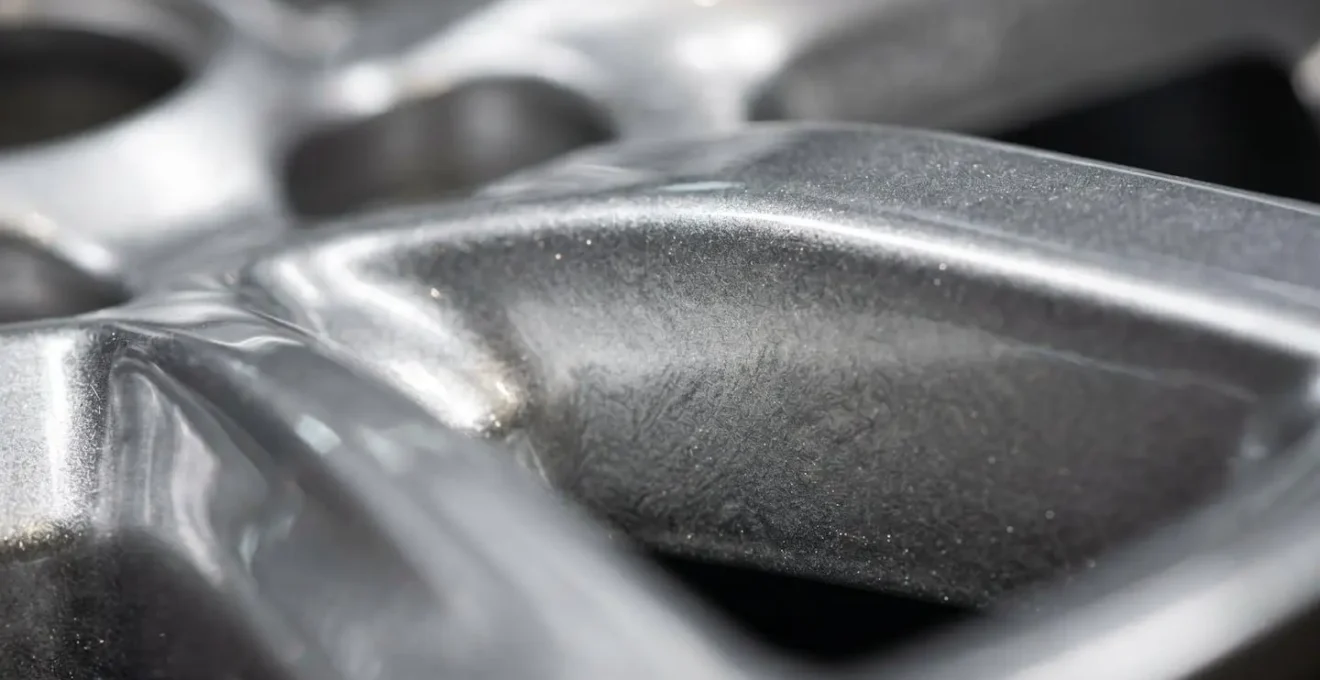 Gros plan macro sur la surface vernie d'une jante en aluminium montrant la texture et la finition