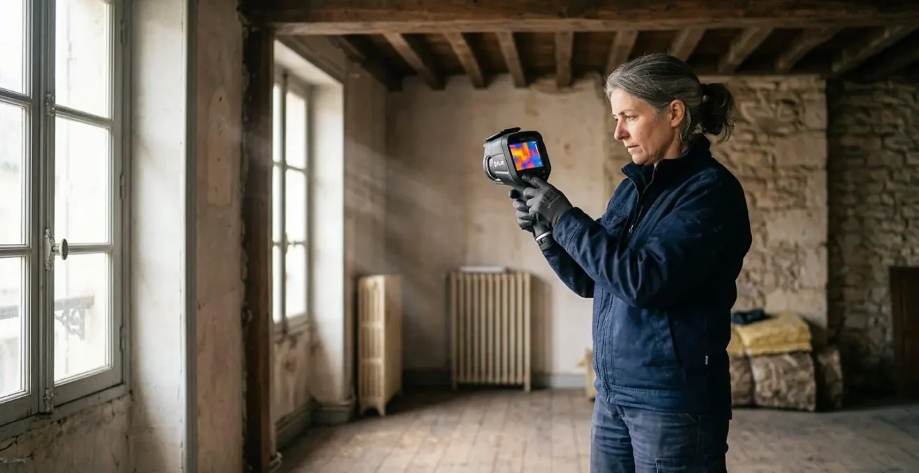 Auditeur énergétique analysant une maison avec caméra thermique et documents techniques