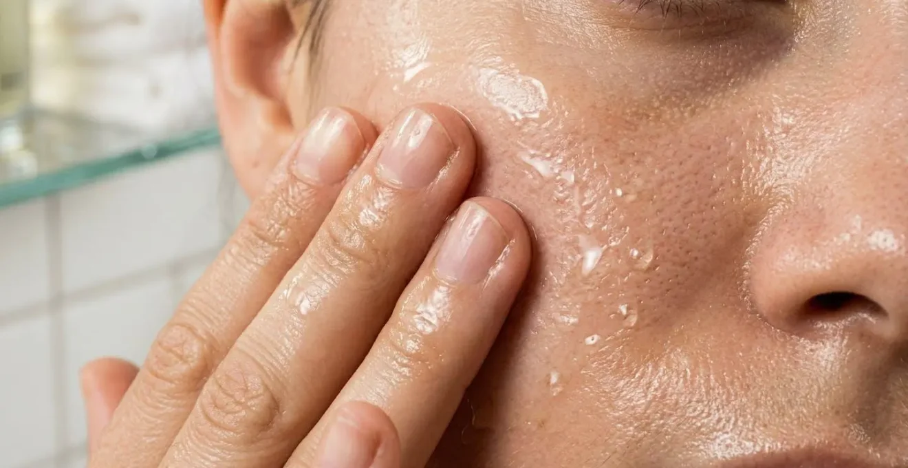 Mains massant délicatement une huile nettoyante sur un visage pour un double nettoyage respectueux de la barrière cutanée.