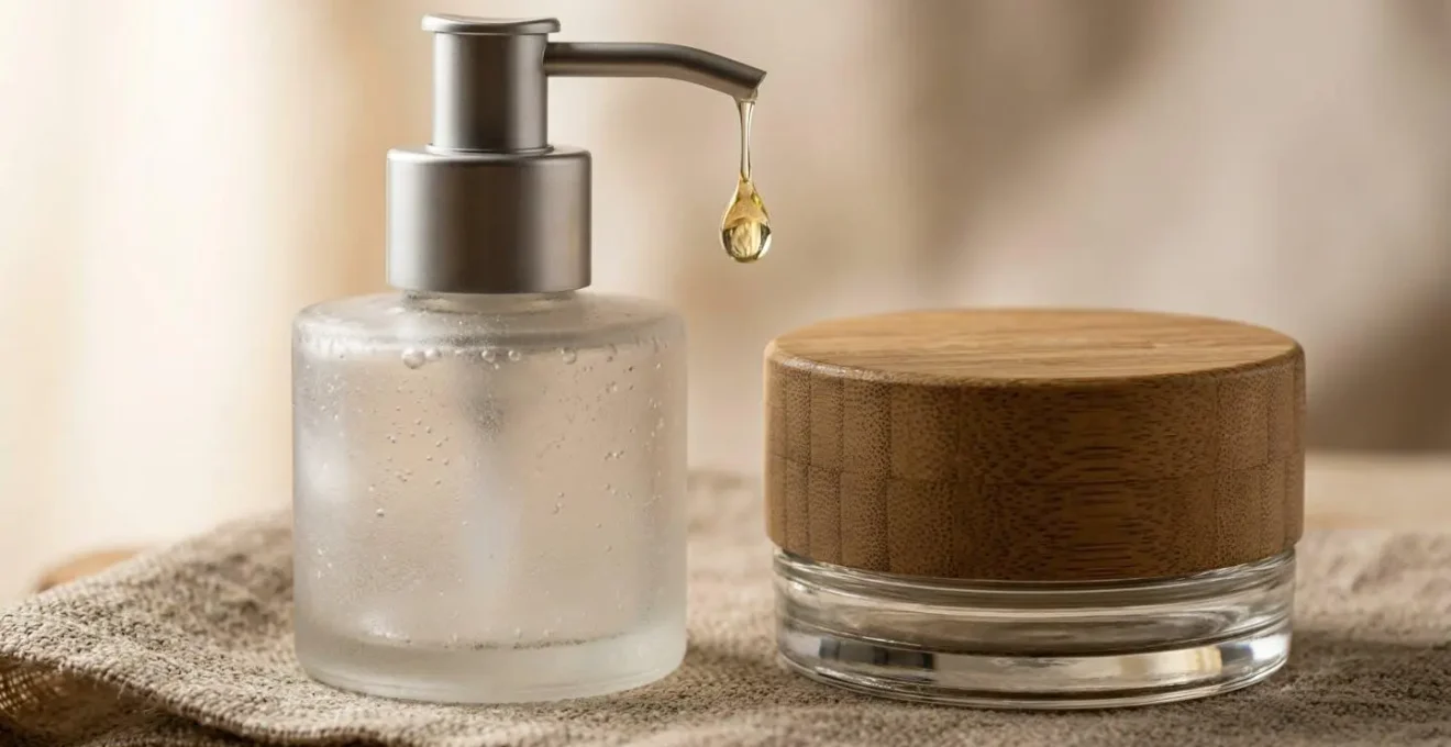 Composition épurée de deux produits cosmétiques naturels polyvalents, un flacon pompe et un pot, symbolisant une routine de soin minimaliste.