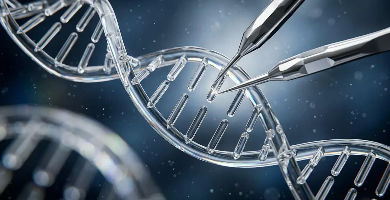 Représentation artistique de l'édition génique avec structure ADN et outils moléculaires