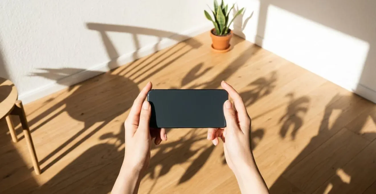 Personne visualisant un meuble en réalité augmentée dans son salon, montrant l'attachement émotionnel au produit