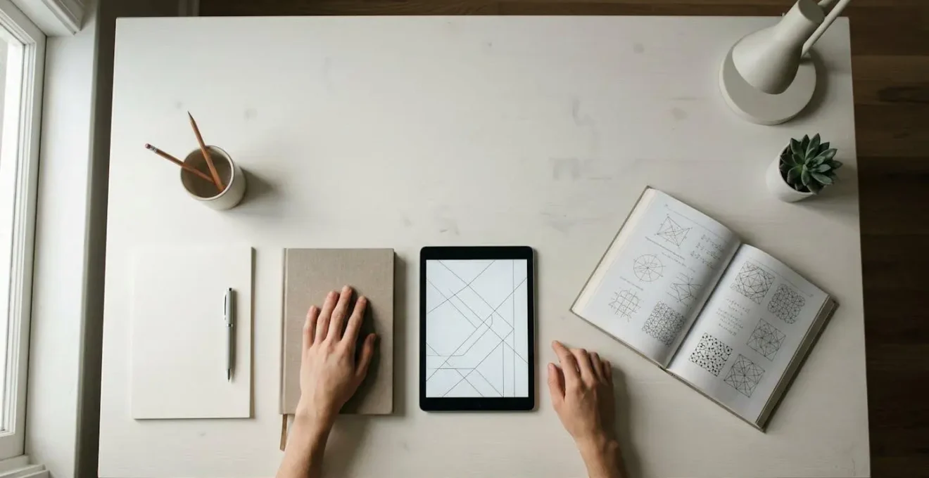 Collégien alternant entre tablette numérique et cahier d'exercices papier sur bureau organisé